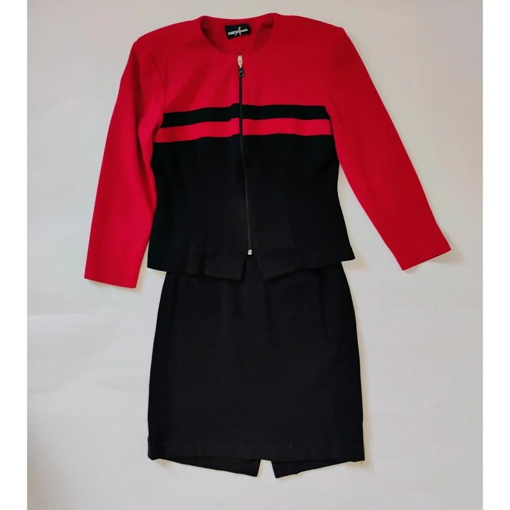 Positive Attitude Skirt Suit Women Small Red Black Colorblock Jacket Pencil Set
